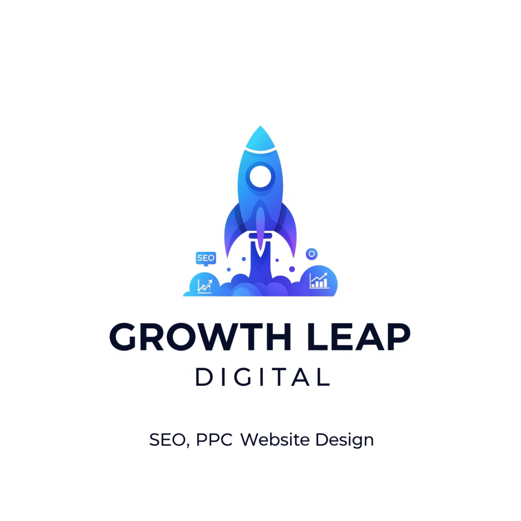 Logo for Growth Leap Digital. Features a stylized blue rocket launching, with icons representing SEO, PPC, and website analytics in the blast-off clouds. The text 'Growth Leap Digital' is below the rocket.